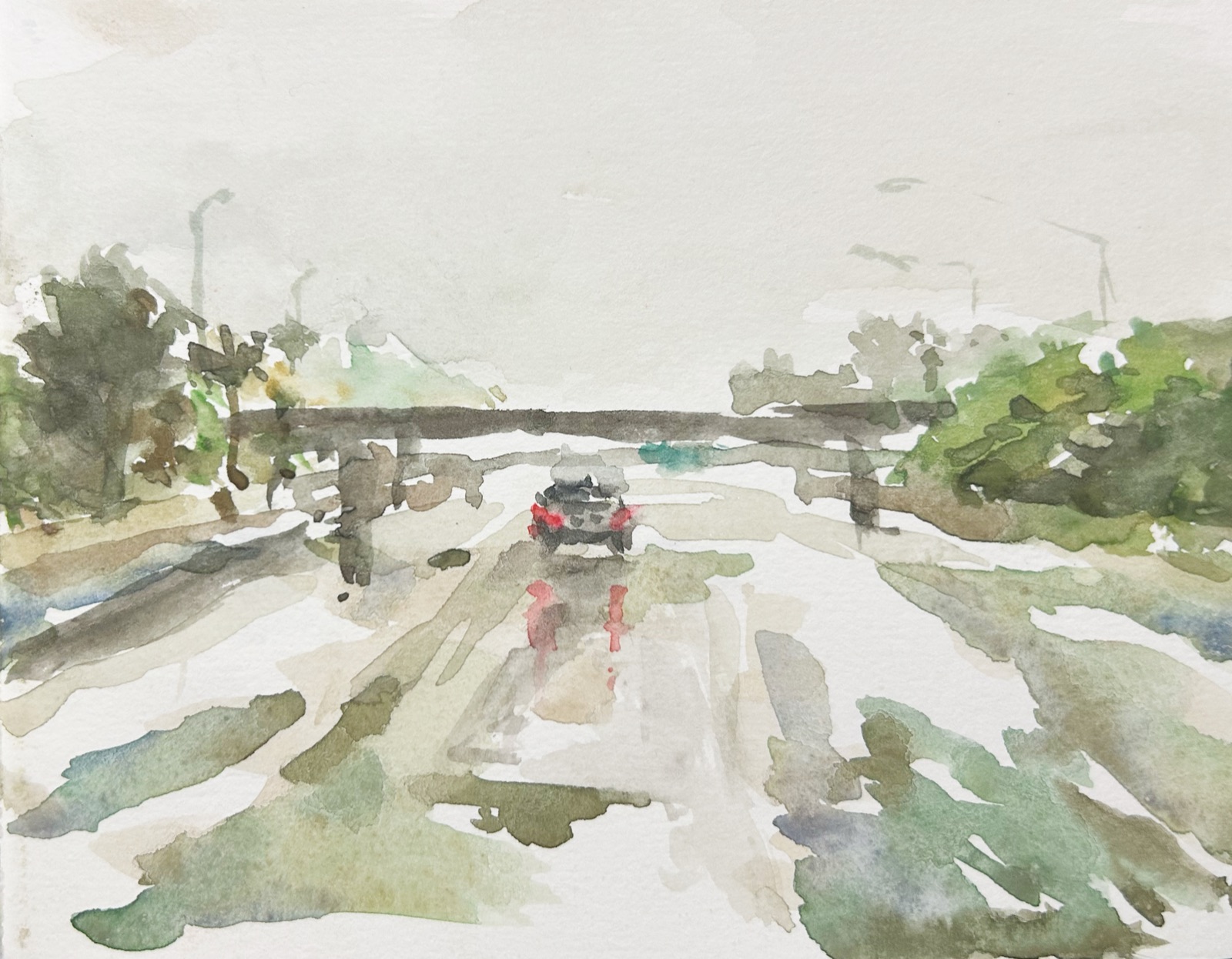 Watercolor of a rainy highway under an overpass, a car with red taillights ahead