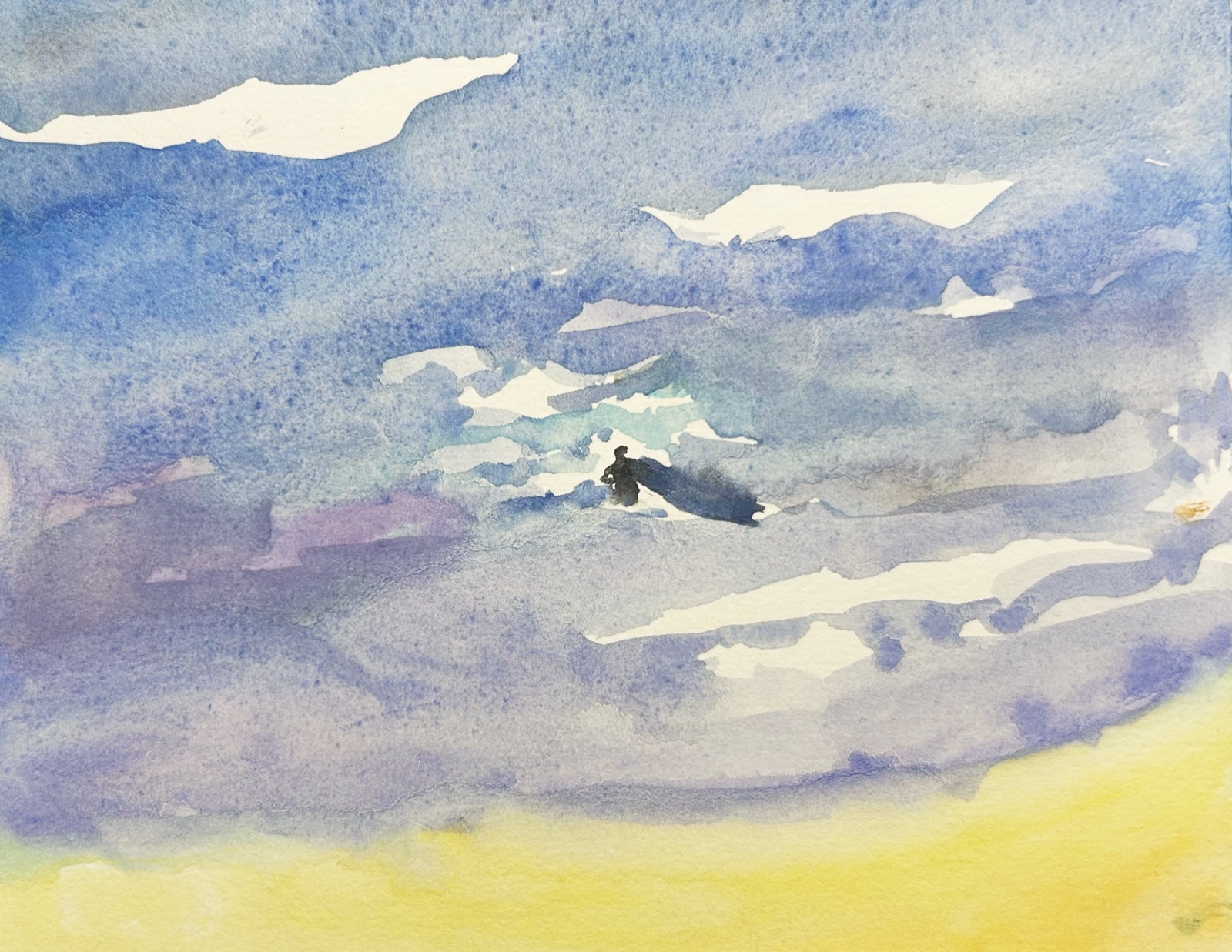Watercolor of a surfer paddling out through blue-violet waves