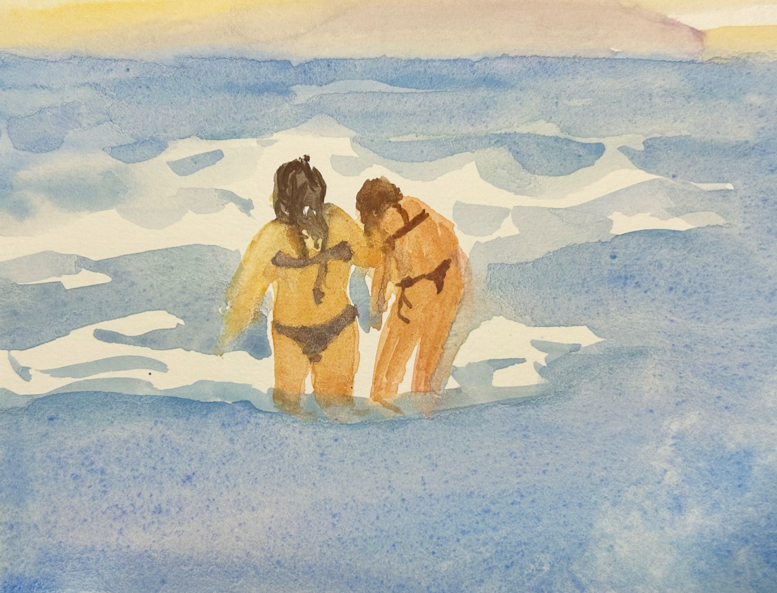 Watercolor of two swimmers standing in surf at sunset