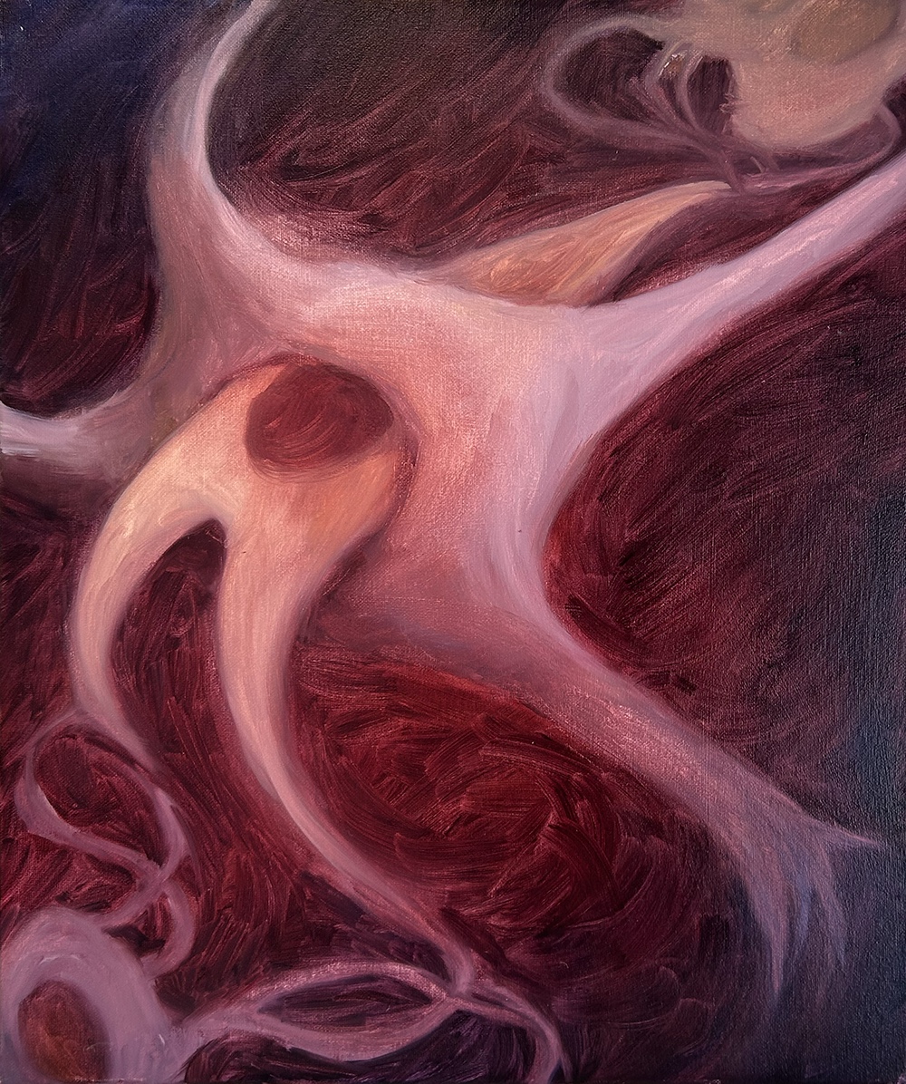 Abstract oil painting of pale winding forms against a deep maroon ground