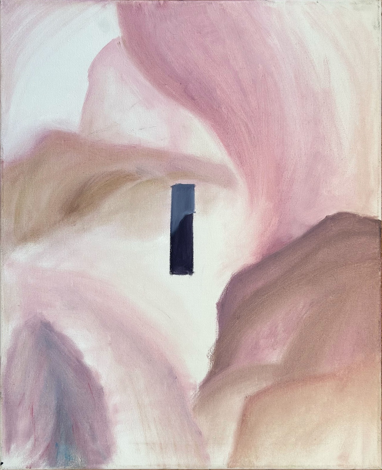 Soft pink and umber abstract painting with a single dark rectangular mark