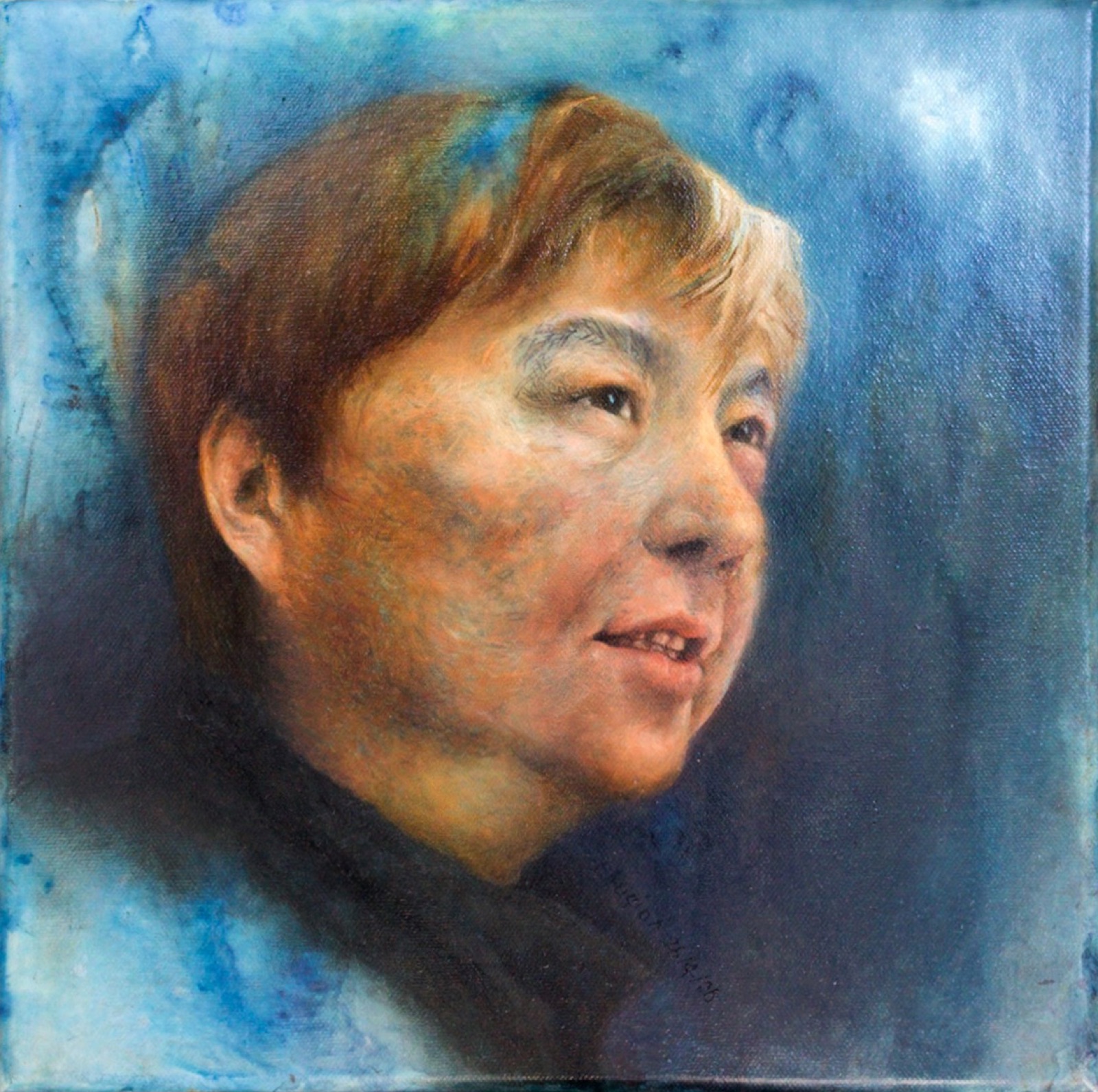 Oil portrait of the artist's father in warm light against a blue ground