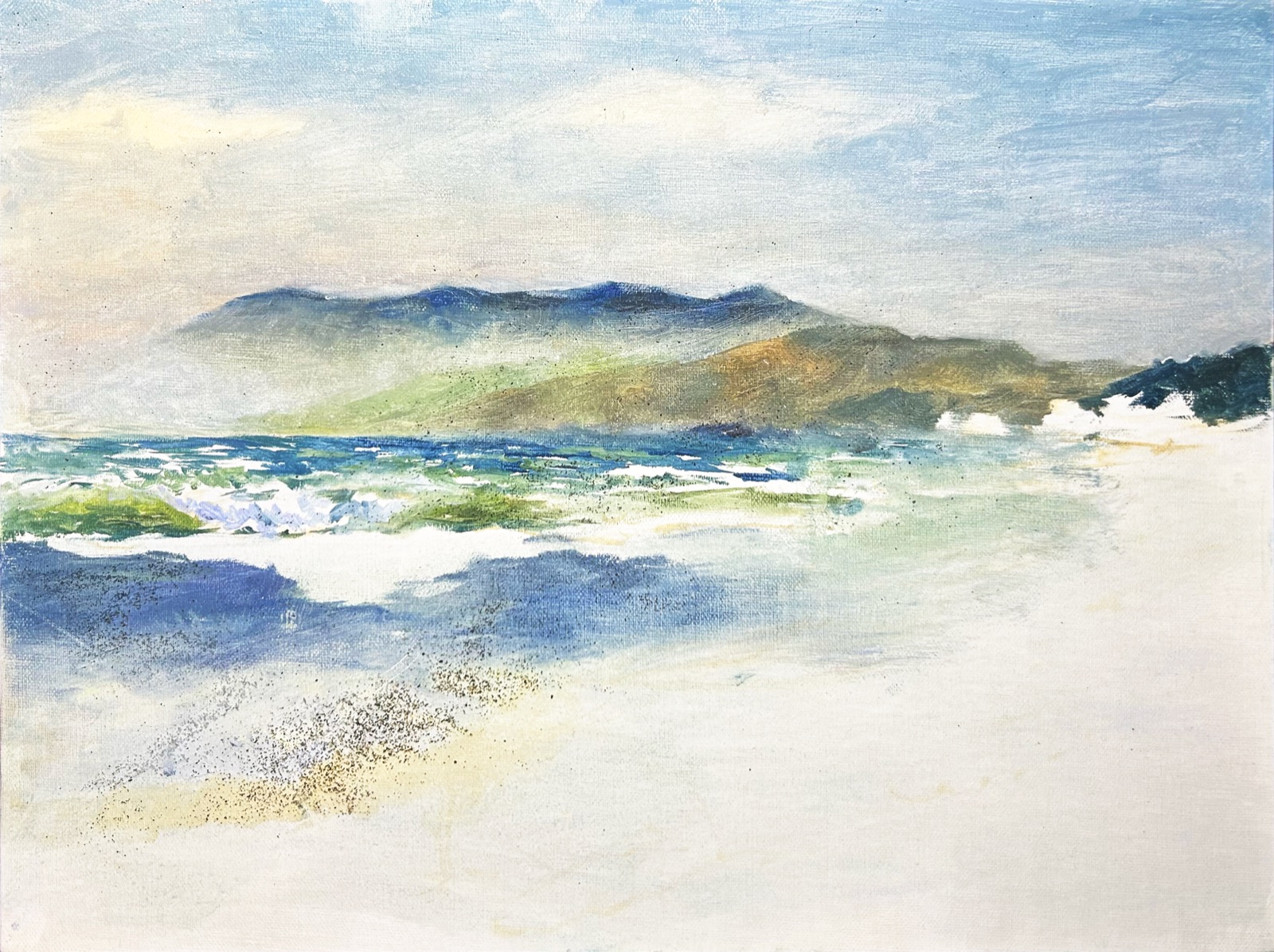 Plein air painting of surf and headlands at Ocean Beach