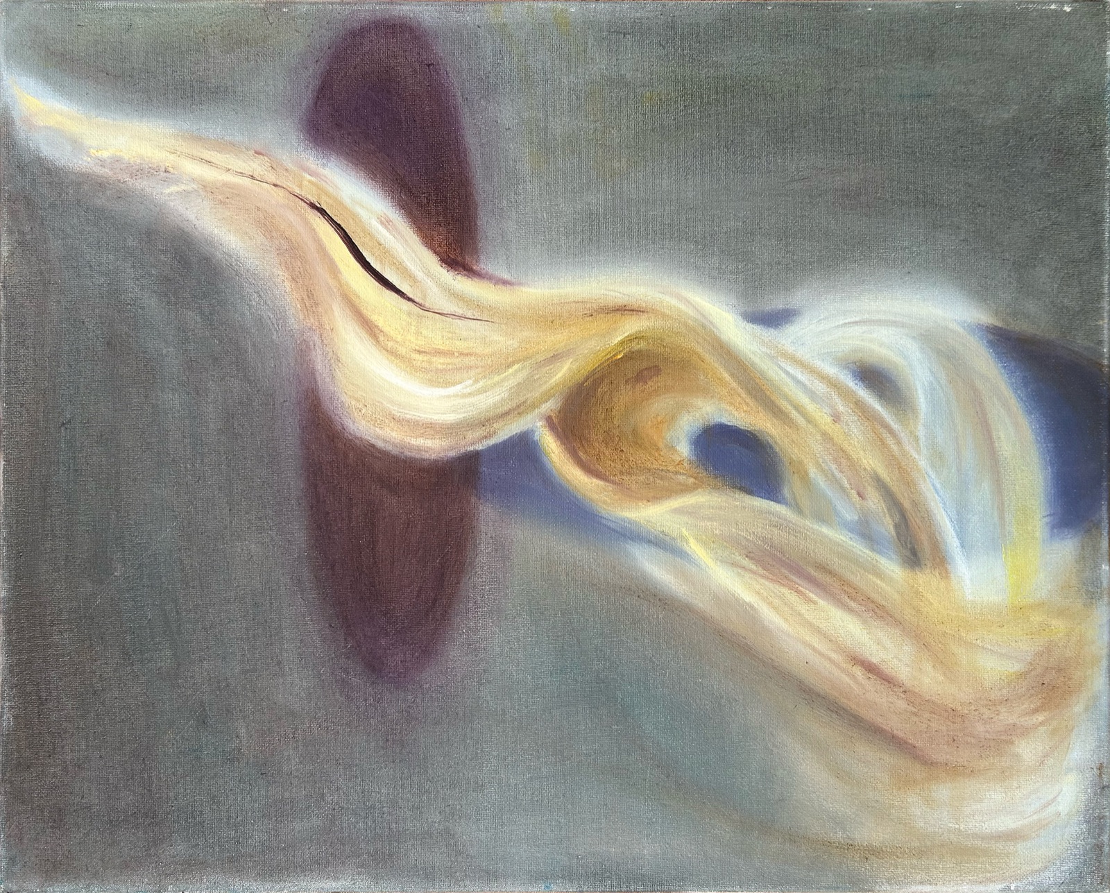 Abstract oil painting of a pale ribbon of light crossing a dark oval