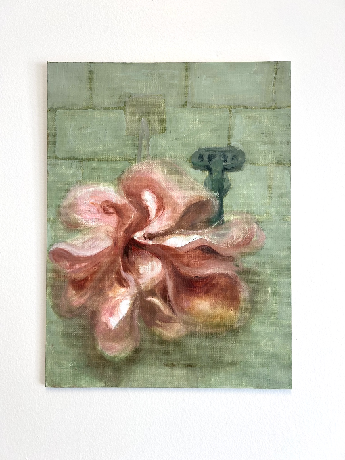 Painting of a rose-colored shower fixture against pale green tile
