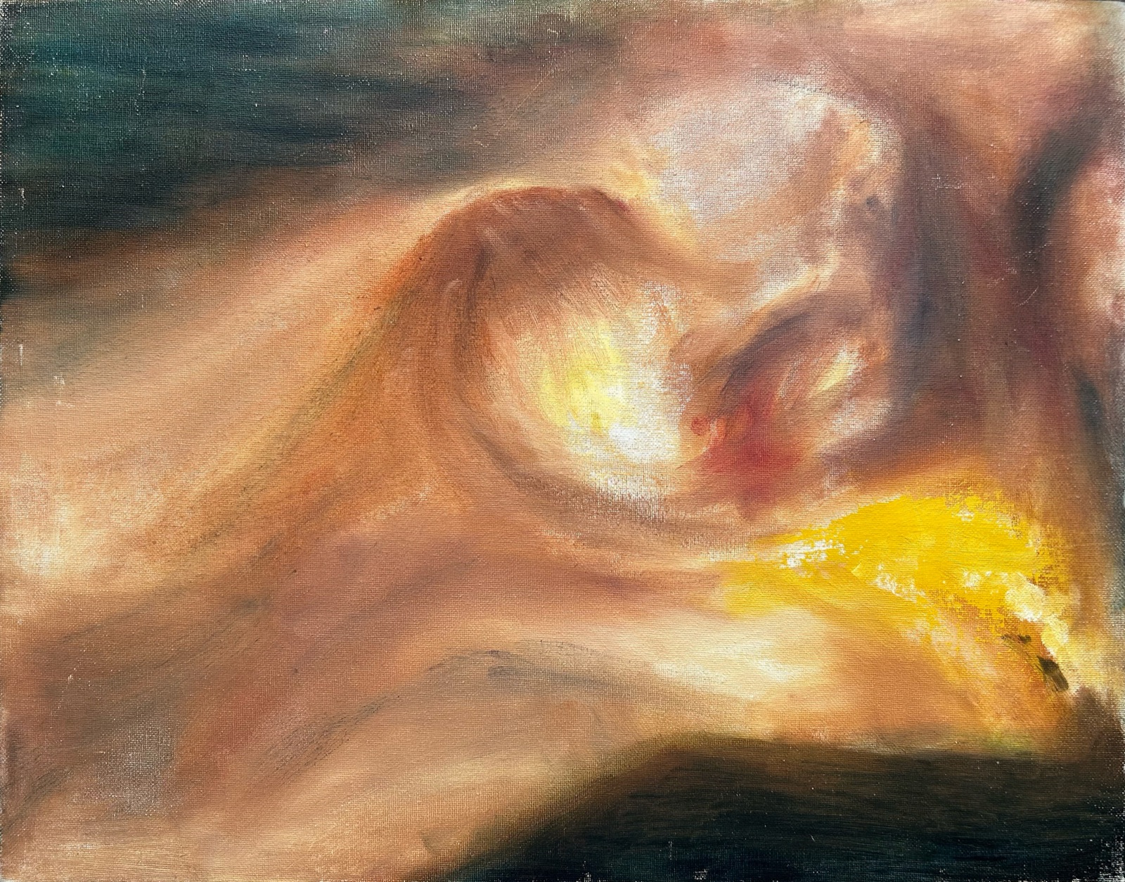 Warm abstract oil painting of a coiled form loosening into light